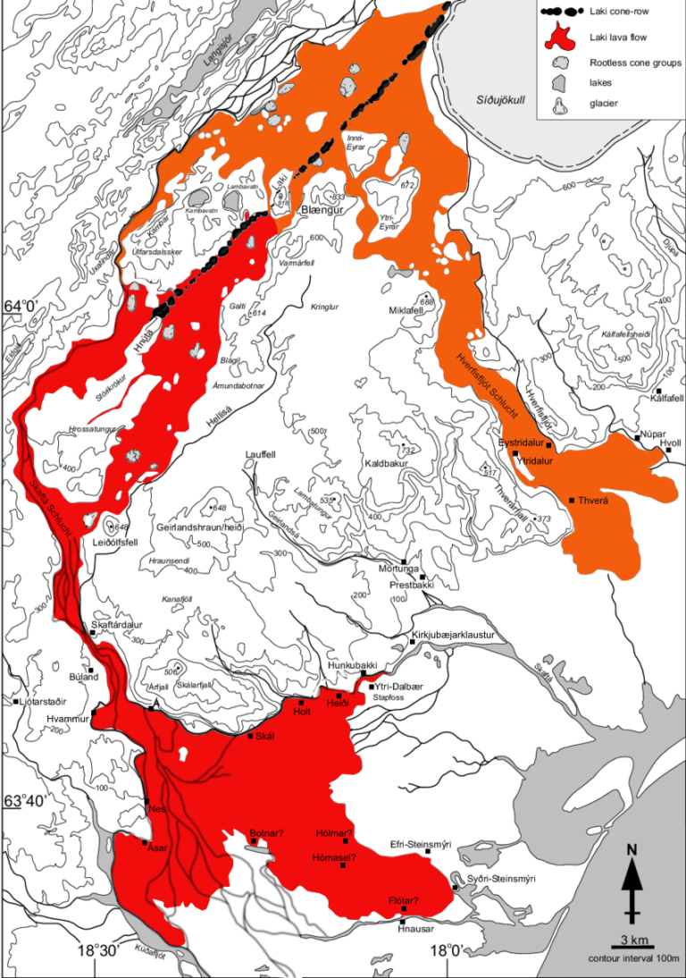 Karte der Lavaströme und des Síða-Hochlandes